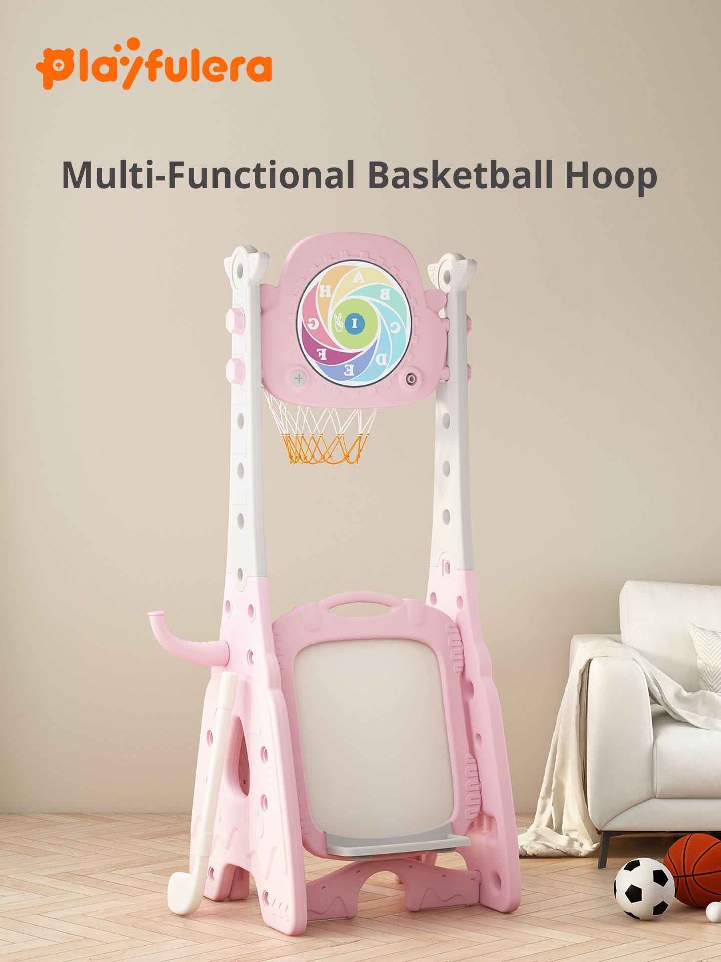 Kids Multi-Functional Indoor Basketball Hoop - 6-in-1 (Basketball/Soccer/Dart/Ring Toss/Golf/Draw), 5 Height Settings, 1-6 Years, Upgraded with Seat - Image 2