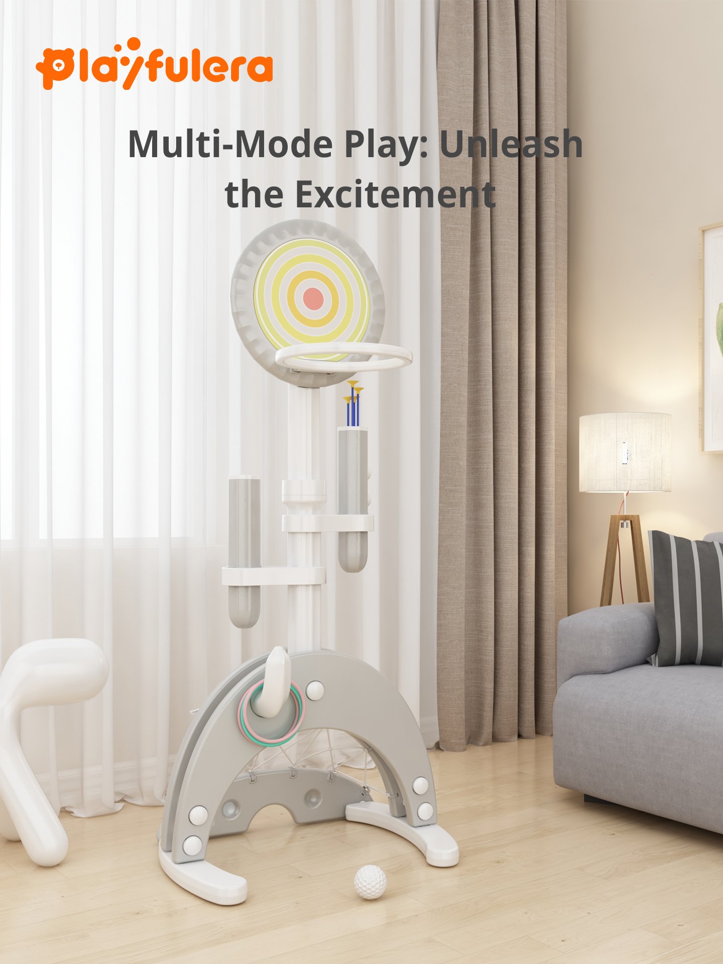 Kids Cactus Indoor Basketball Hoop - 6-in-1 (Basketball/Soccer/Dart/Archery), 8 Height Settings, 1-6 Years, Sturdy Anti-Tip Panels - Image 2