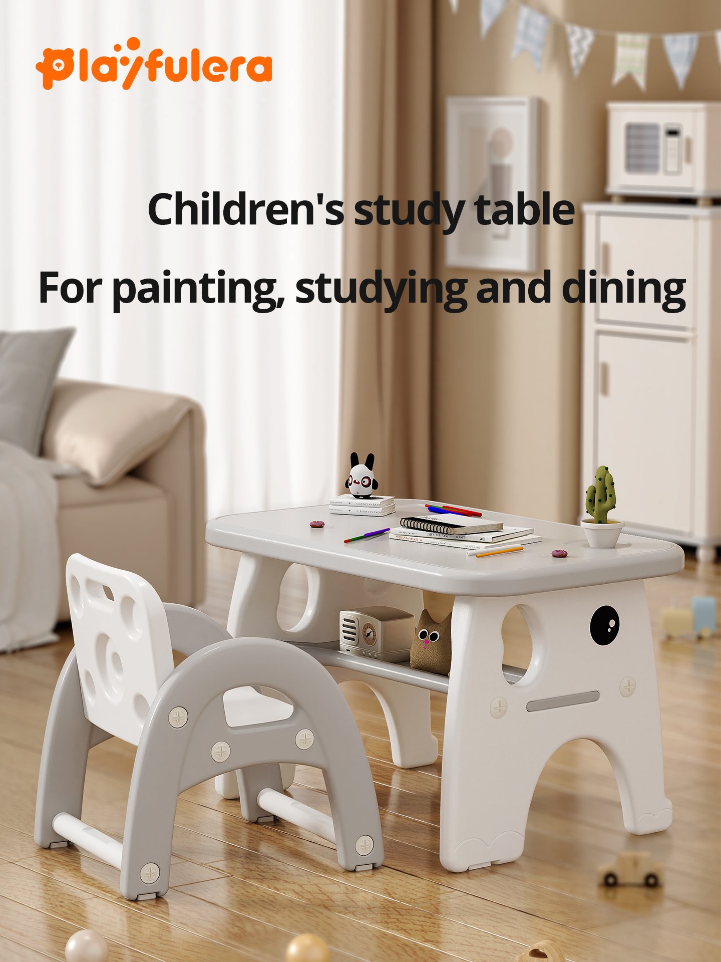 Kids' Study Desk & Chair Set (Ages 1-6) - Elephant Design - Single/Double Chair - Red/Blue/Gray - Image 2