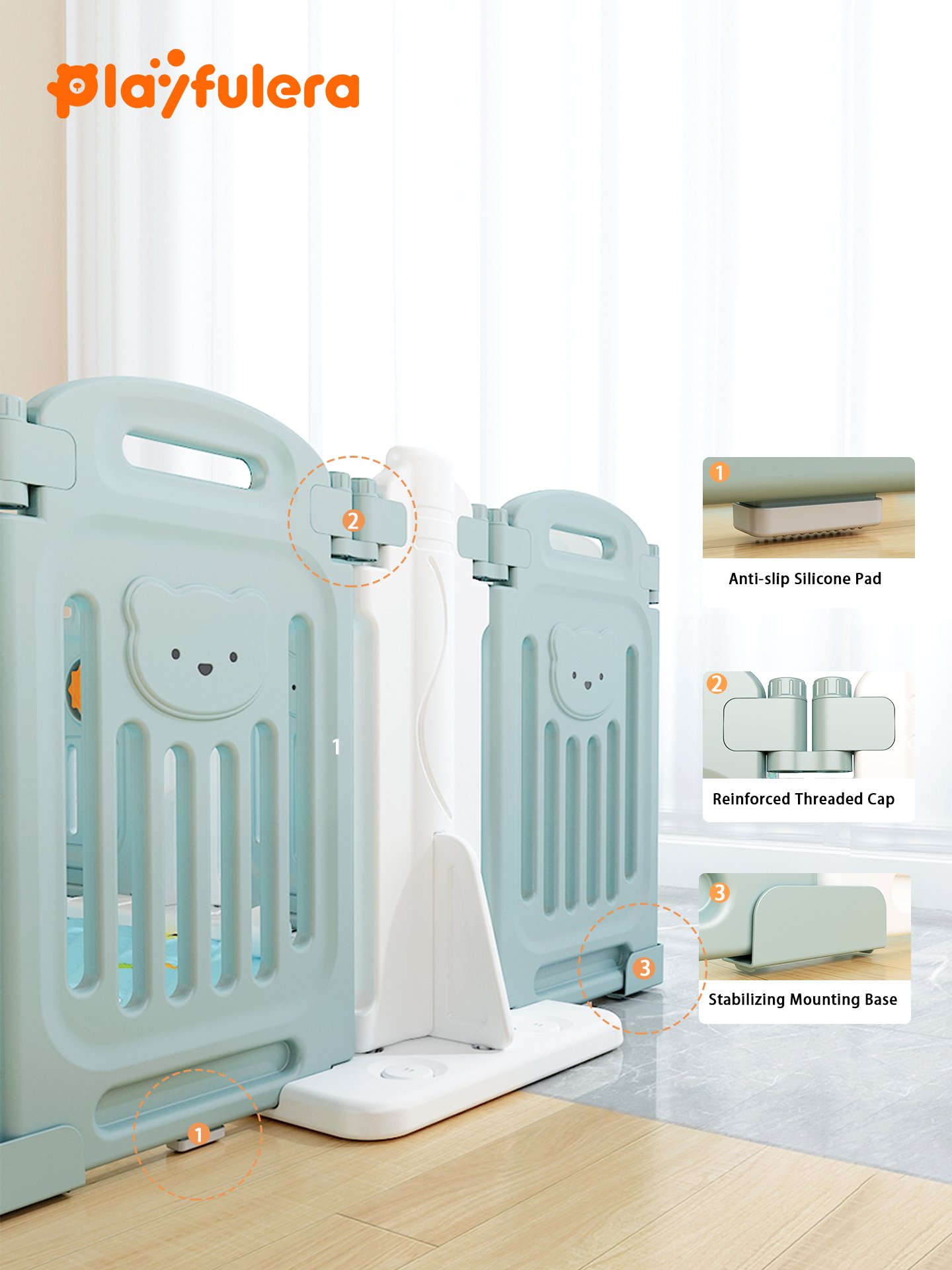 Kids' Cartoon Bear Playpen - 60cm H×37cm W, with Play/Gate Panels, 2 Colors (Green-White/Pink-White) - Image 2