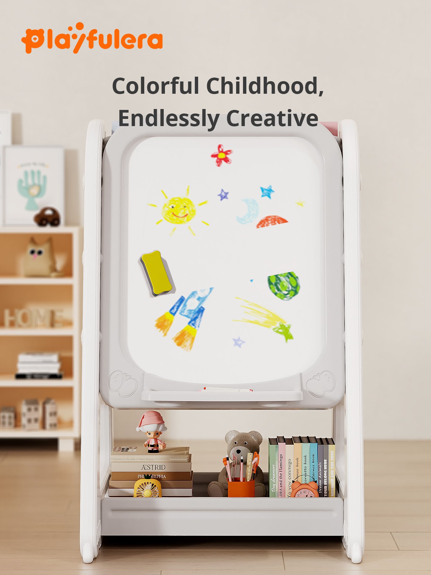1-6 Years Kids Multi-Functional Drawing Board - Drawing, Writing & Storybook Storage, Stable Side Panels, 4 Colors (Green/Pink/Yellow/Gray) - Image 2