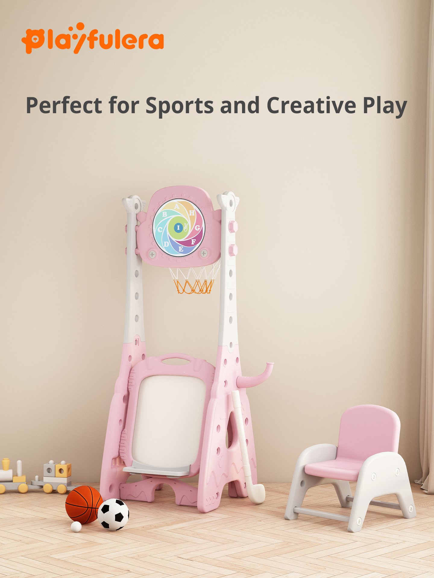 Kids Multi-Functional Indoor Basketball Hoop - 6-in-1 (Basketball/Soccer/Dart/Ring Toss/Golf/Draw), 5 Height Settings, 1-6 Years, Upgraded with Seat - Image 3