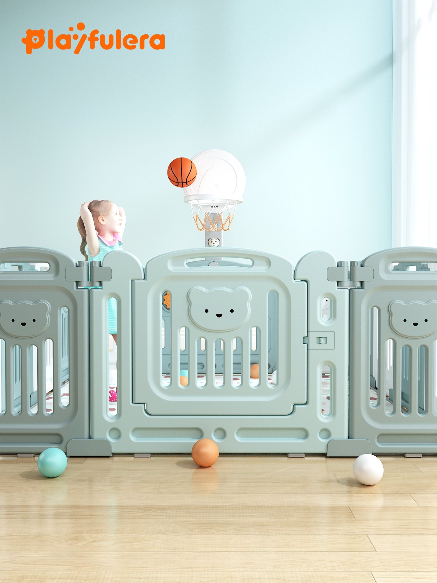 Kids' Cartoon Bear Playpen - 60cm H×37cm W, with Play/Gate Panels, 2 Colors (Green-White/Pink-White) - Image 3