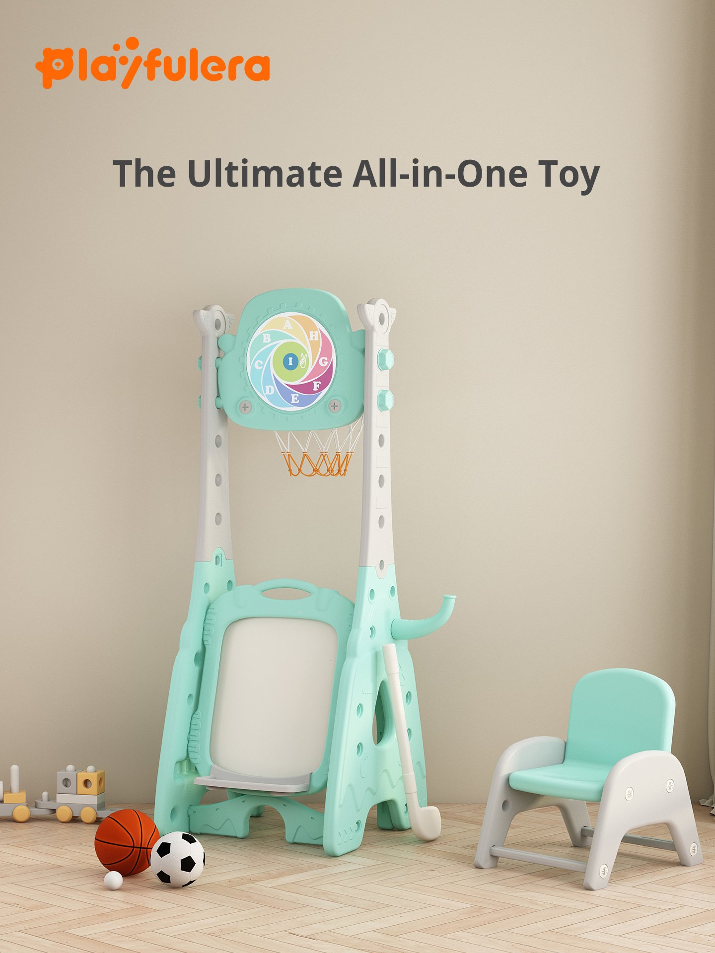 Kids Multi-Functional Indoor Basketball Hoop - 6-in-1 (Basketball/Soccer/Dart/Ring Toss/Golf/Draw), 5 Height Settings, 1-6 Years, Upgraded with Seat - Image 4