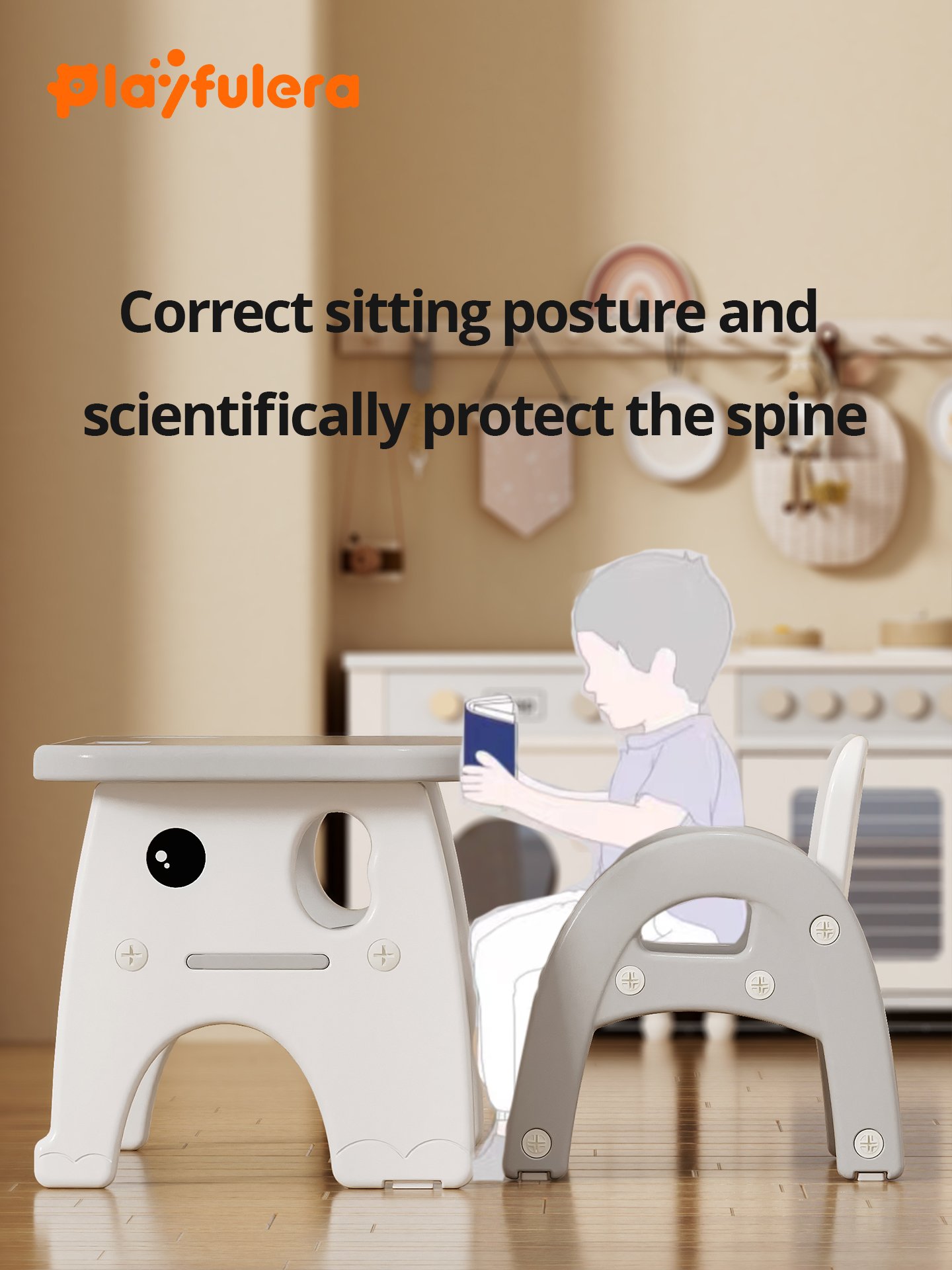 Kids' Study Desk & Chair Set (Ages 1-6) - Elephant Design - Single/Double Chair - Red/Blue/Gray - Image 4