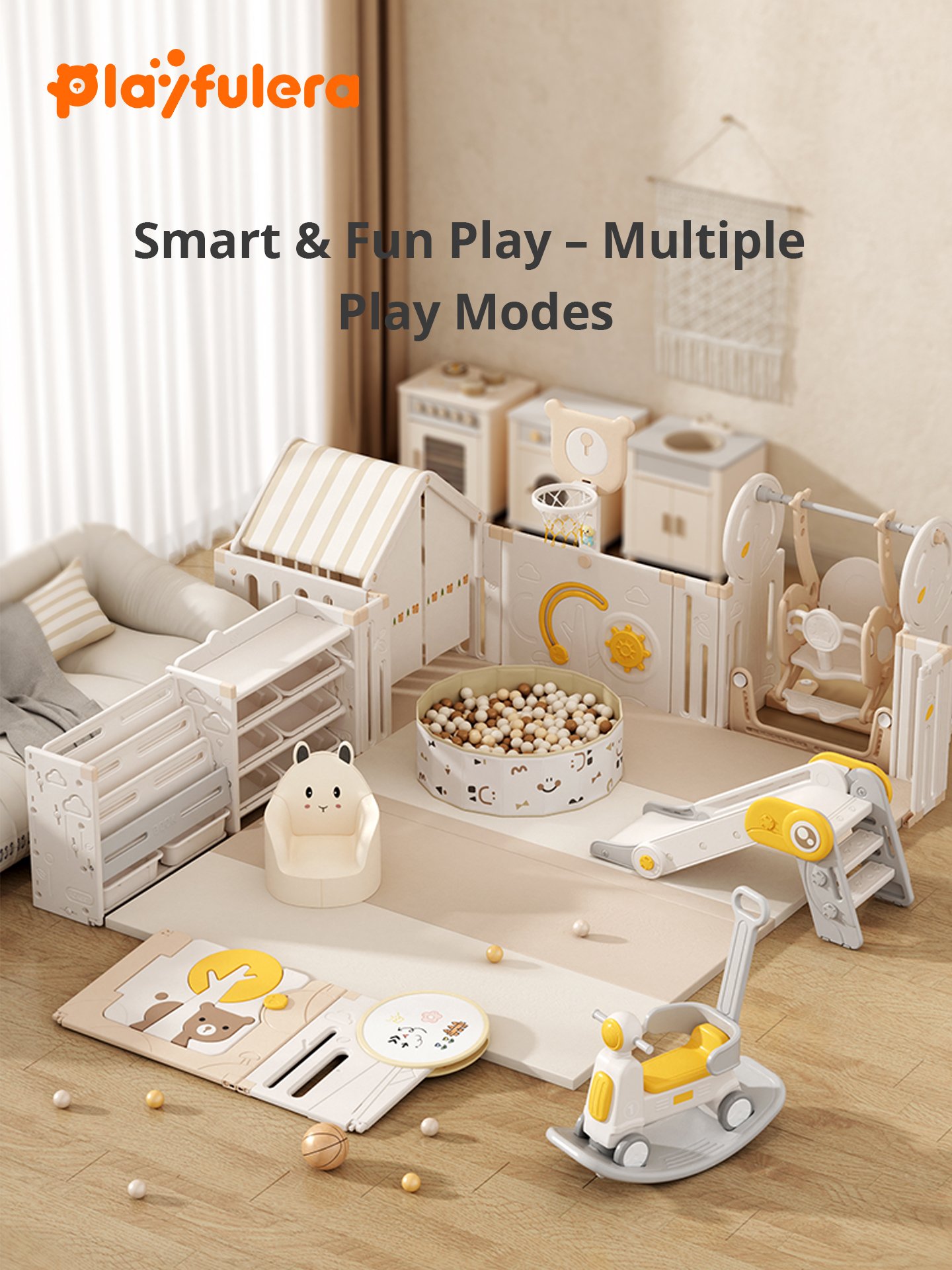 Jungle Whisper Kids' Multi-Functional Play Fence with Playhouse, Swing, Slide & More - Image 3