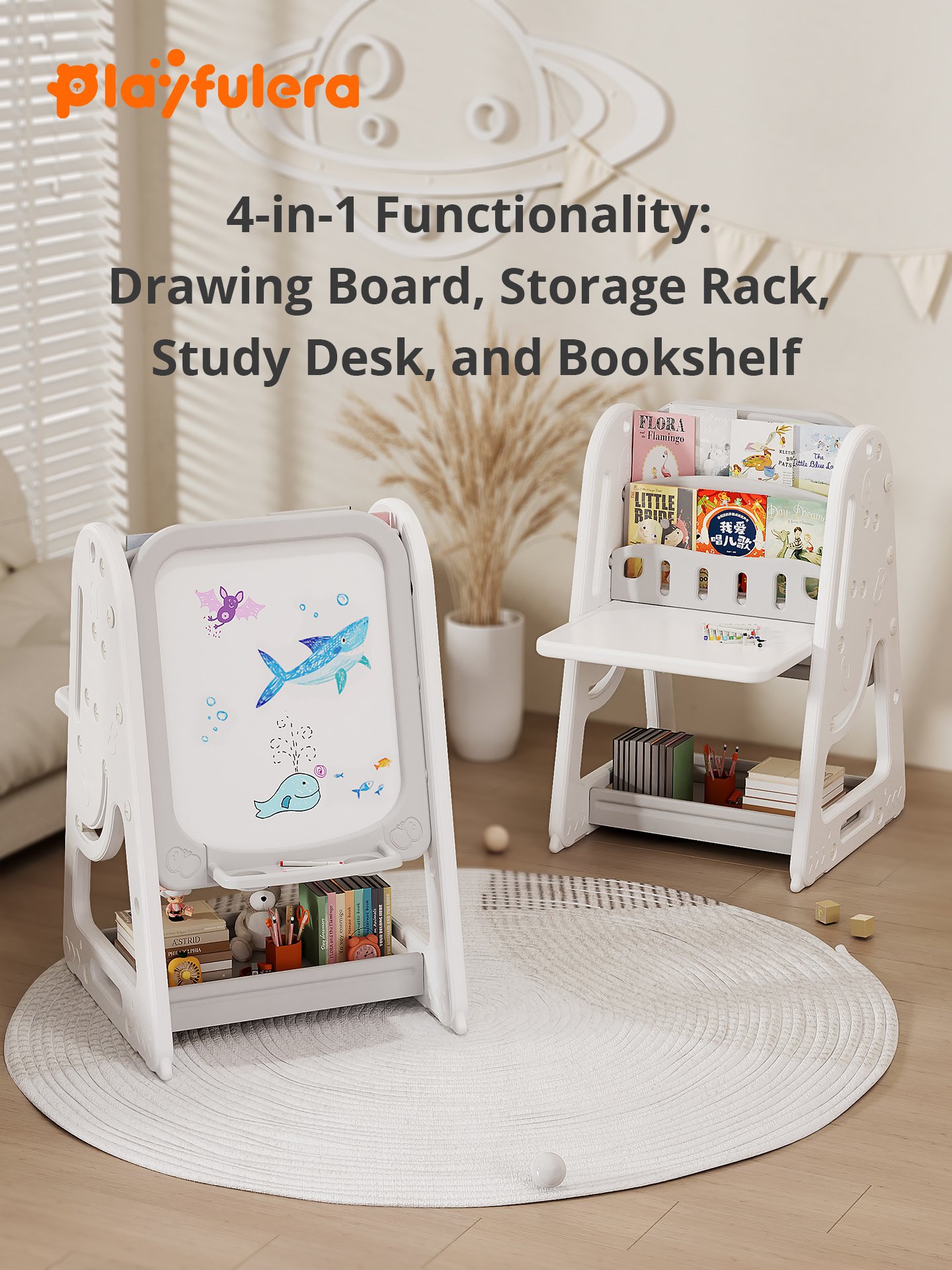1-6 Years Kids Multi-Functional Drawing Board - Drawing, Writing & Storybook Storage, Stable Side Panels, 4 Colors (Green/Pink/Yellow/Gray) - Image 7