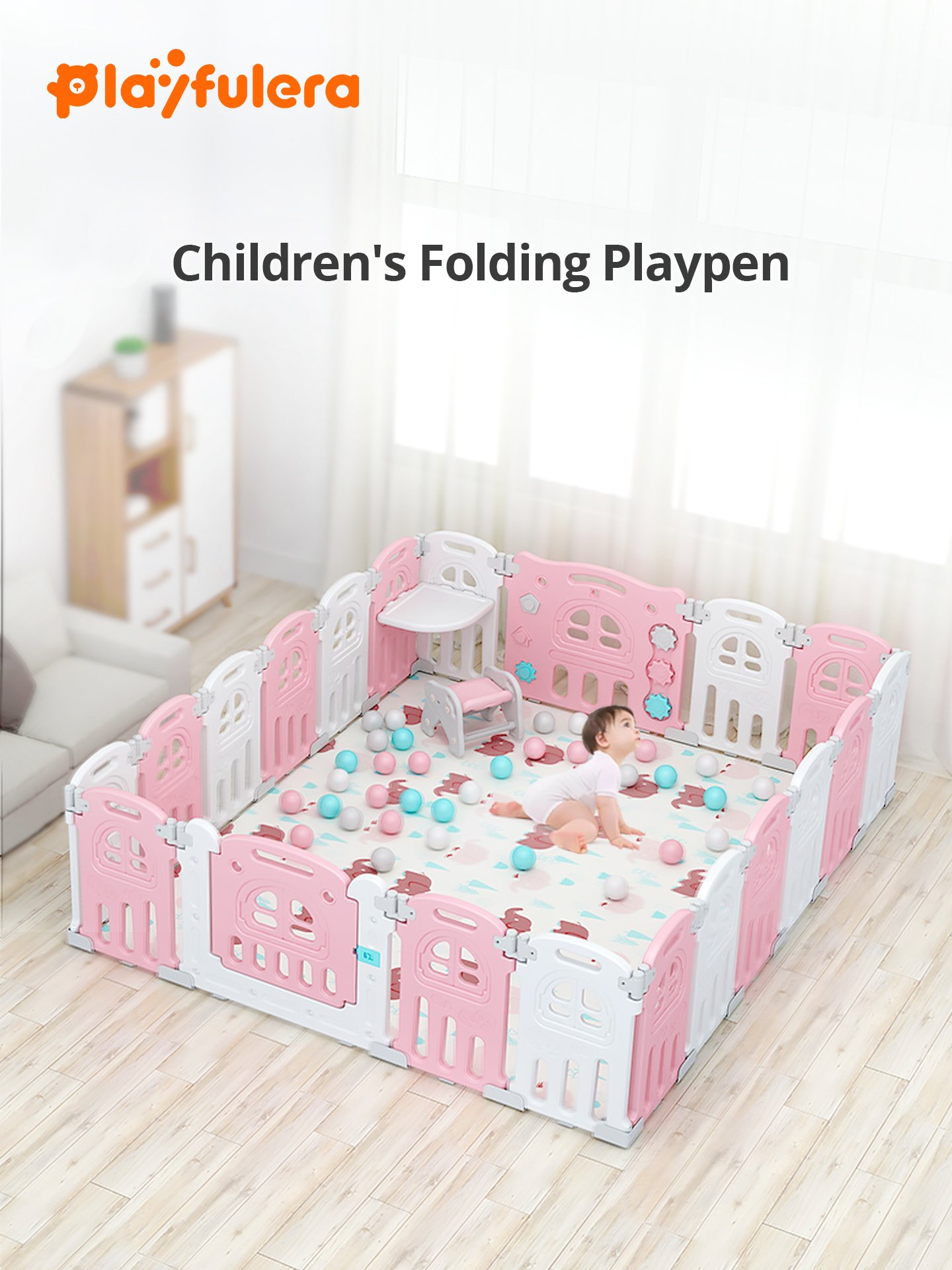 Kids' Castle Design Playpen - 60cm Height x 37cm Width, with Play Panel, Gate & Secure Base, 3 Colors (Green/Pink/Gray) - Image 2