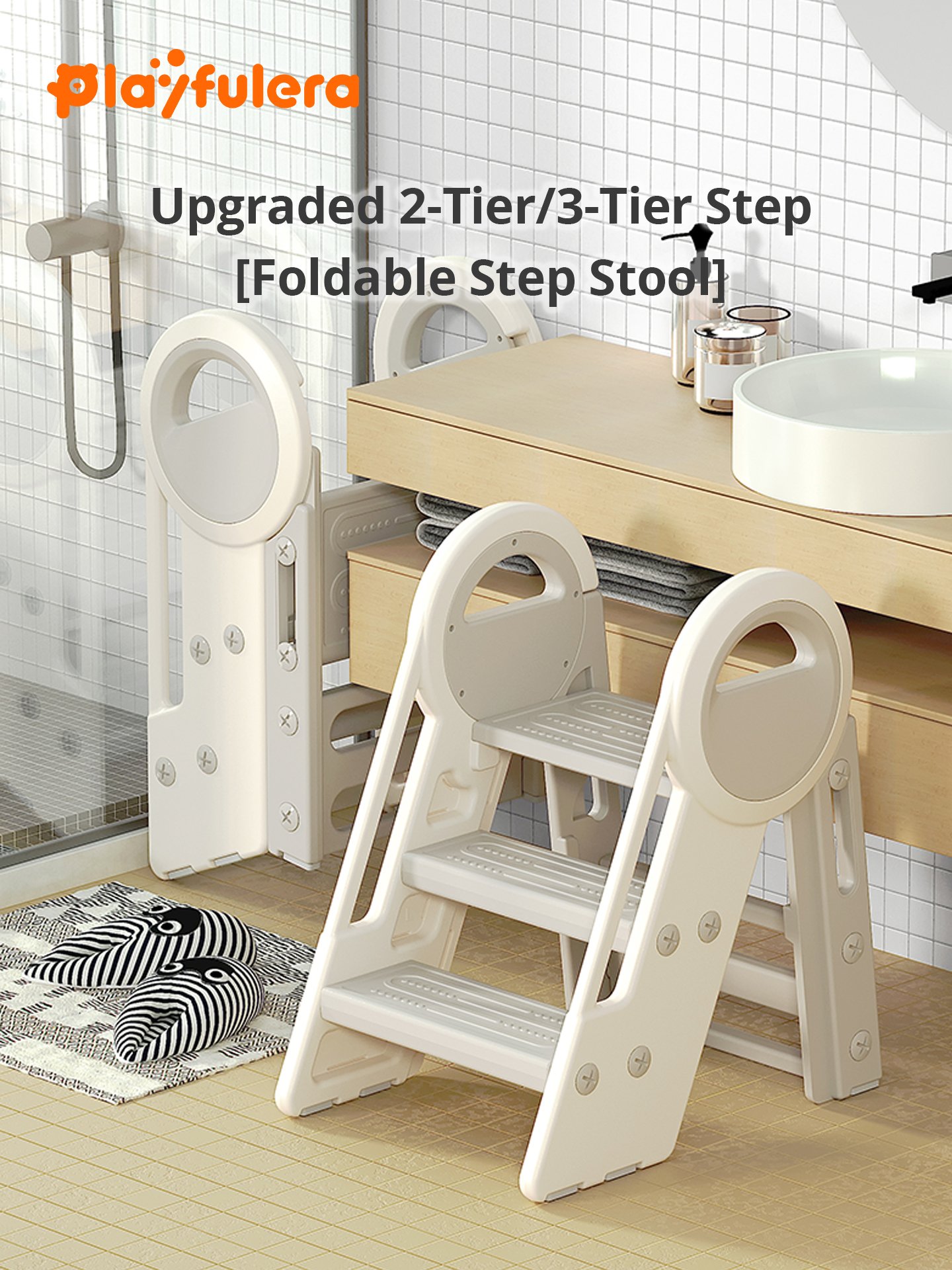 Toddler Step Stool Ladder - Foldable 2-3 Tier with Astronaut Side Panels, for Bathroom/Bedroom/Kitchen (Ages 1-6) - Image 2