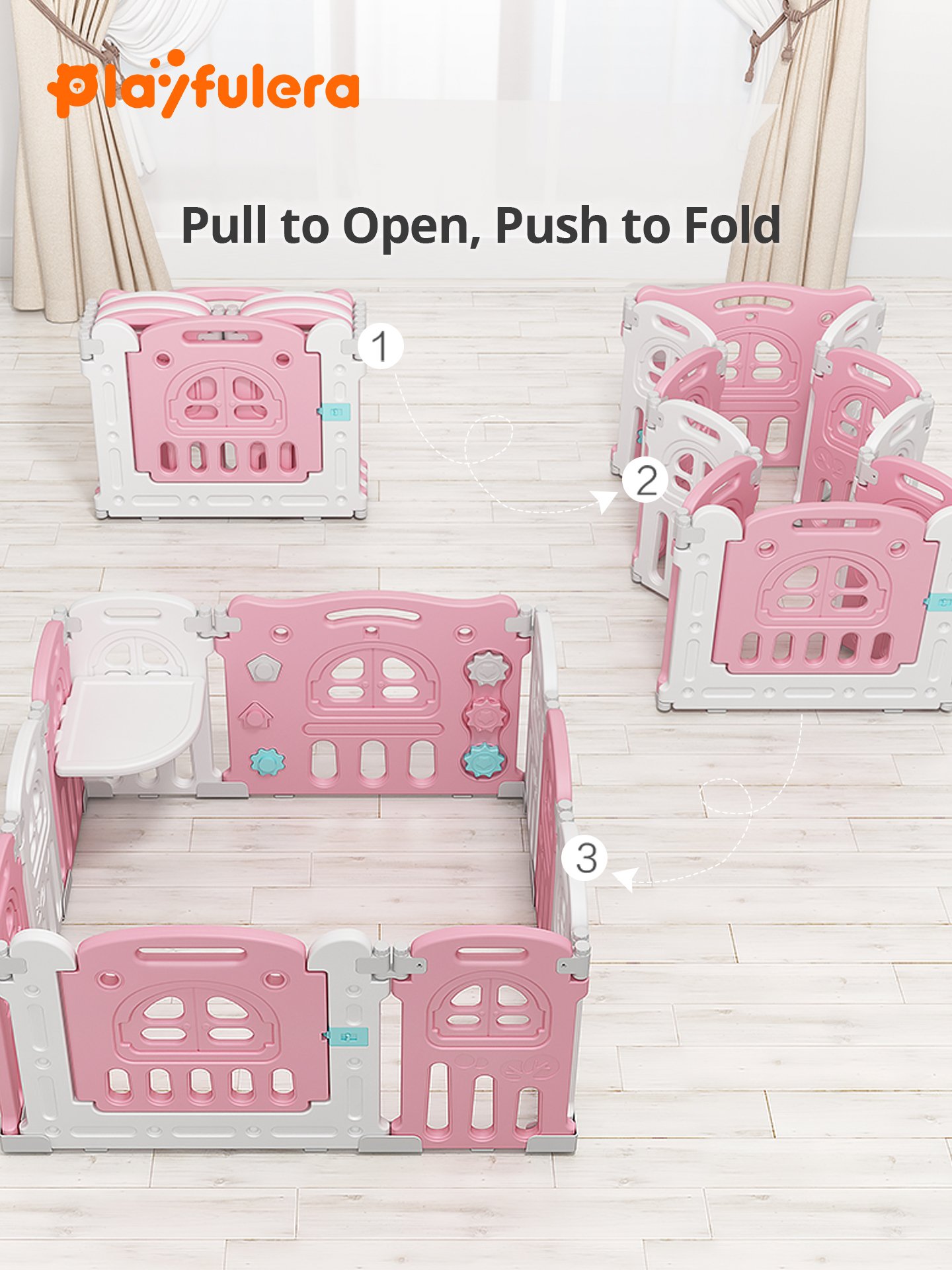 Kids' Castle Design Playpen - 60cm Height x 37cm Width, with Play Panel, Gate & Secure Base, 3 Colors (Green/Pink/Gray) - Image 3