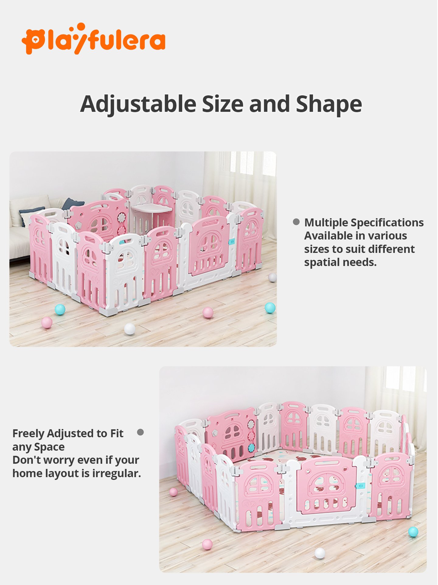 Kids' Castle Design Playpen - 60cm Height x 37cm Width, with Play Panel, Gate & Secure Base, 3 Colors (Green/Pink/Gray) - Image 4