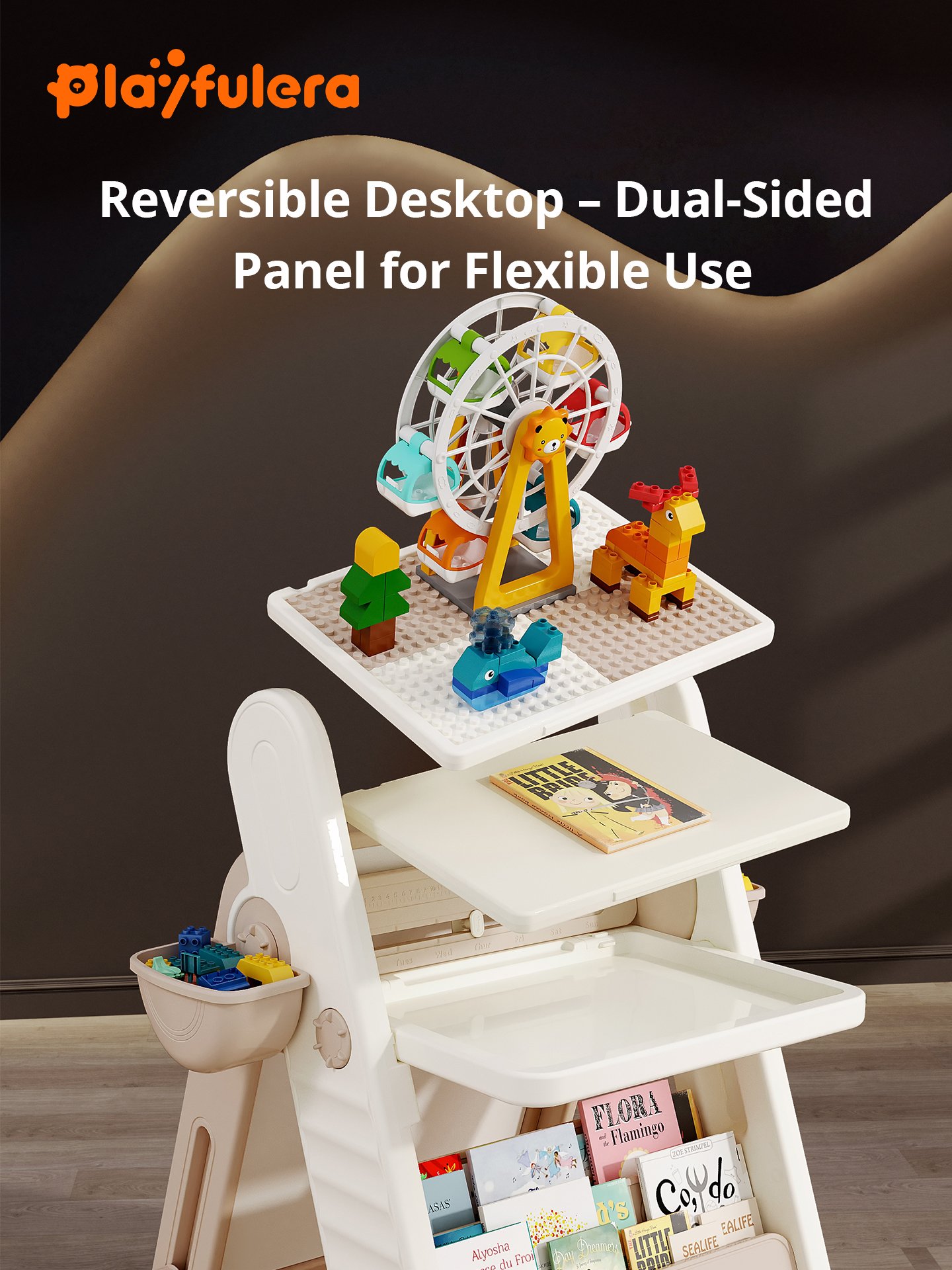 Kids Multi-Functional Block Table for Ages 1-6 - INS Style, Foldable Easy Storage (Blocks/Drawing/Writing/Book Storage), 2 Colors (Brown/Gray) - Image 4