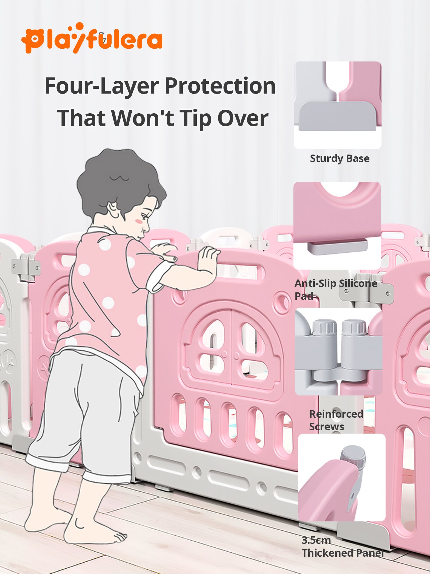 Kids' Castle Design Playpen - 60cm Height x 37cm Width, with Play Panel, Gate & Secure Base, 3 Colors (Green/Pink/Gray) - Image 5