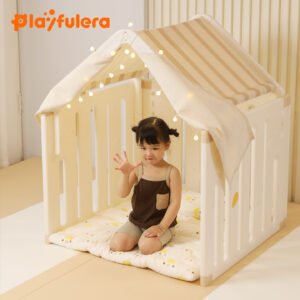 Square Play Tent House for Toddlers 6-36 Months with Optional Door Barrier, Bookshelf & Organizer