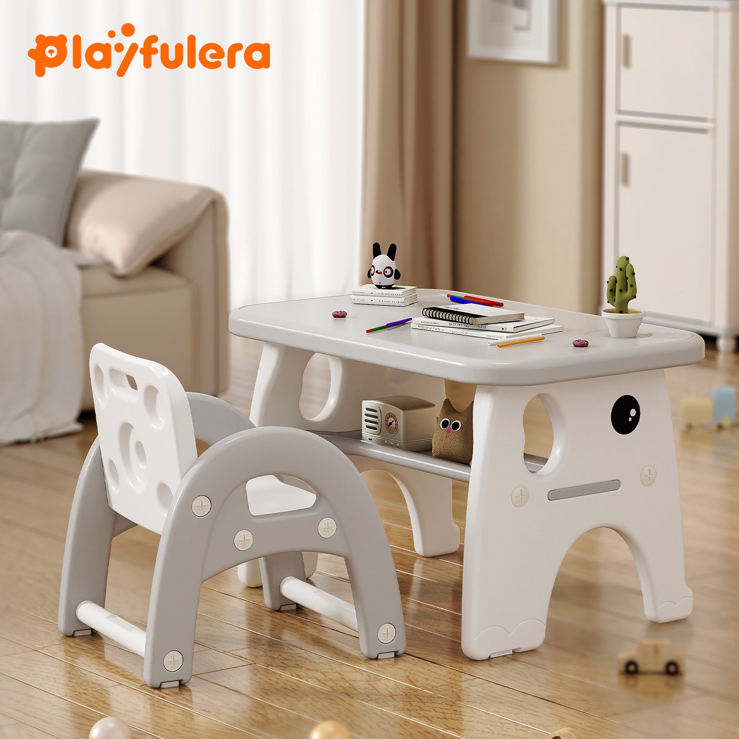 Kids' Study Desk & Chair Set (Ages 1-6) - Elephant Design - Single/Double Chair - Red/Blue/Gray