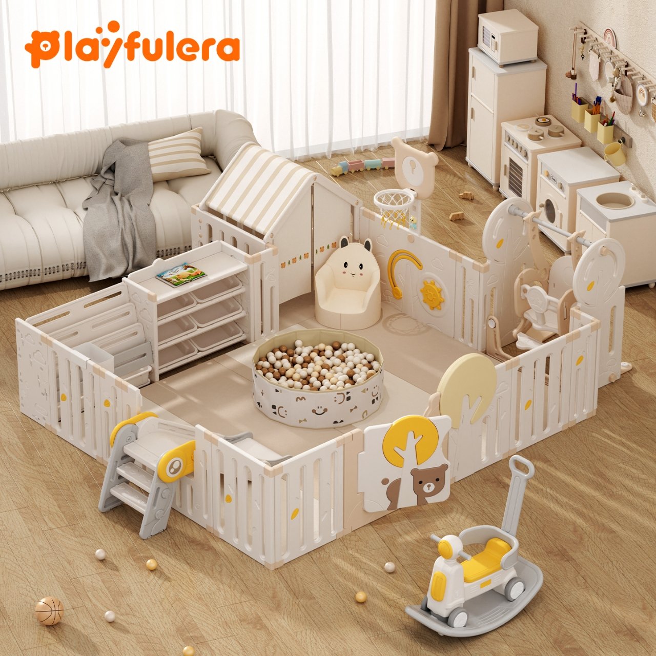 Jungle Whisper Kids' Multi-Functional Play Fence with Playhouse, Swing, Slide & More