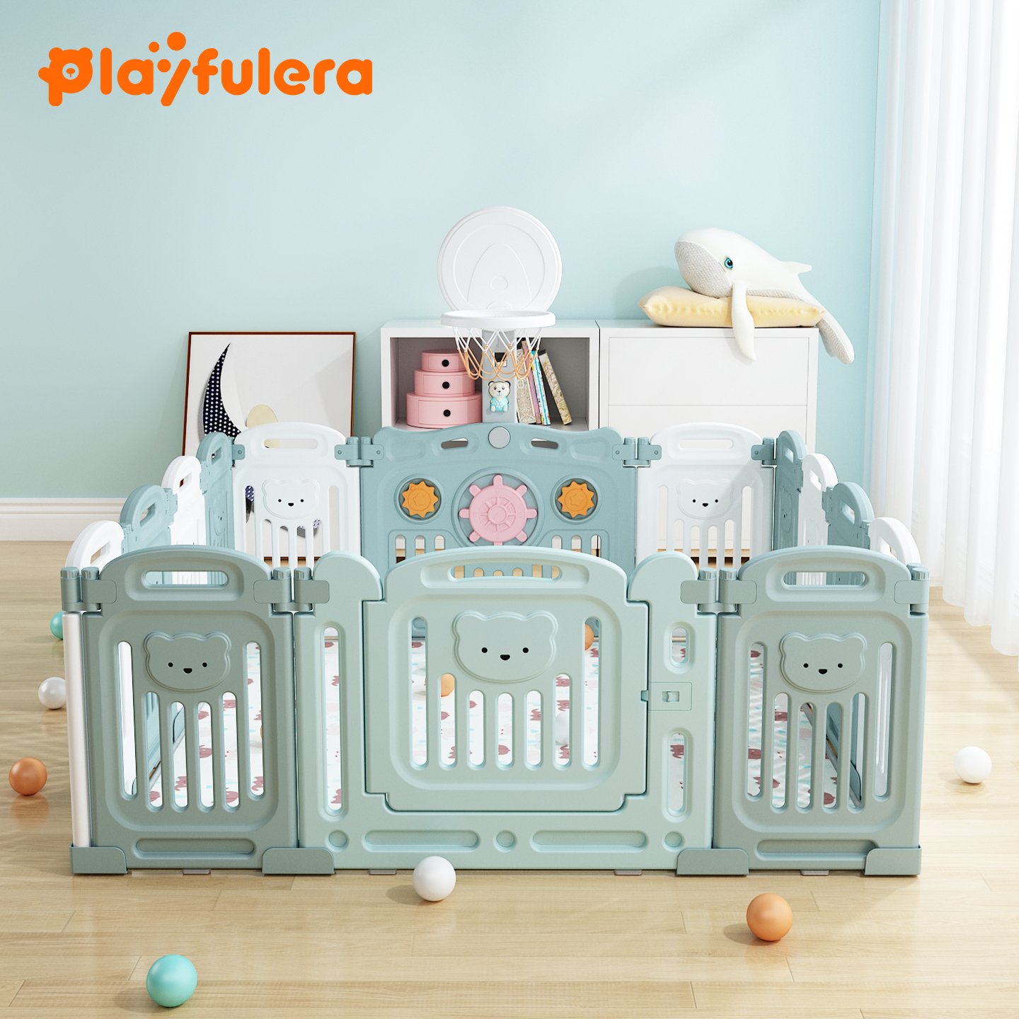 Kids' Cartoon Bear Playpen - 60cm H×37cm W, with Play/Gate Panels, 2 Colors (Green-White/Pink-White)