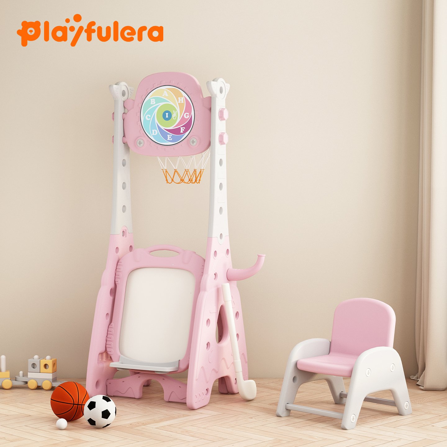 Kids Multi-Functional Indoor Basketball Hoop - 6-in-1 (Basketball/Soccer/Dart/Ring Toss/Golf/Draw), 5 Height Settings, 1-6 Years, Upgraded with Seat