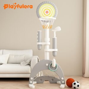 Kids Cactus Indoor Basketball Hoop - 6-in-1 (Basketball/Soccer/Dart/Archery), 8 Height Settings, 1-6 Years, Sturdy Anti-Tip Panels