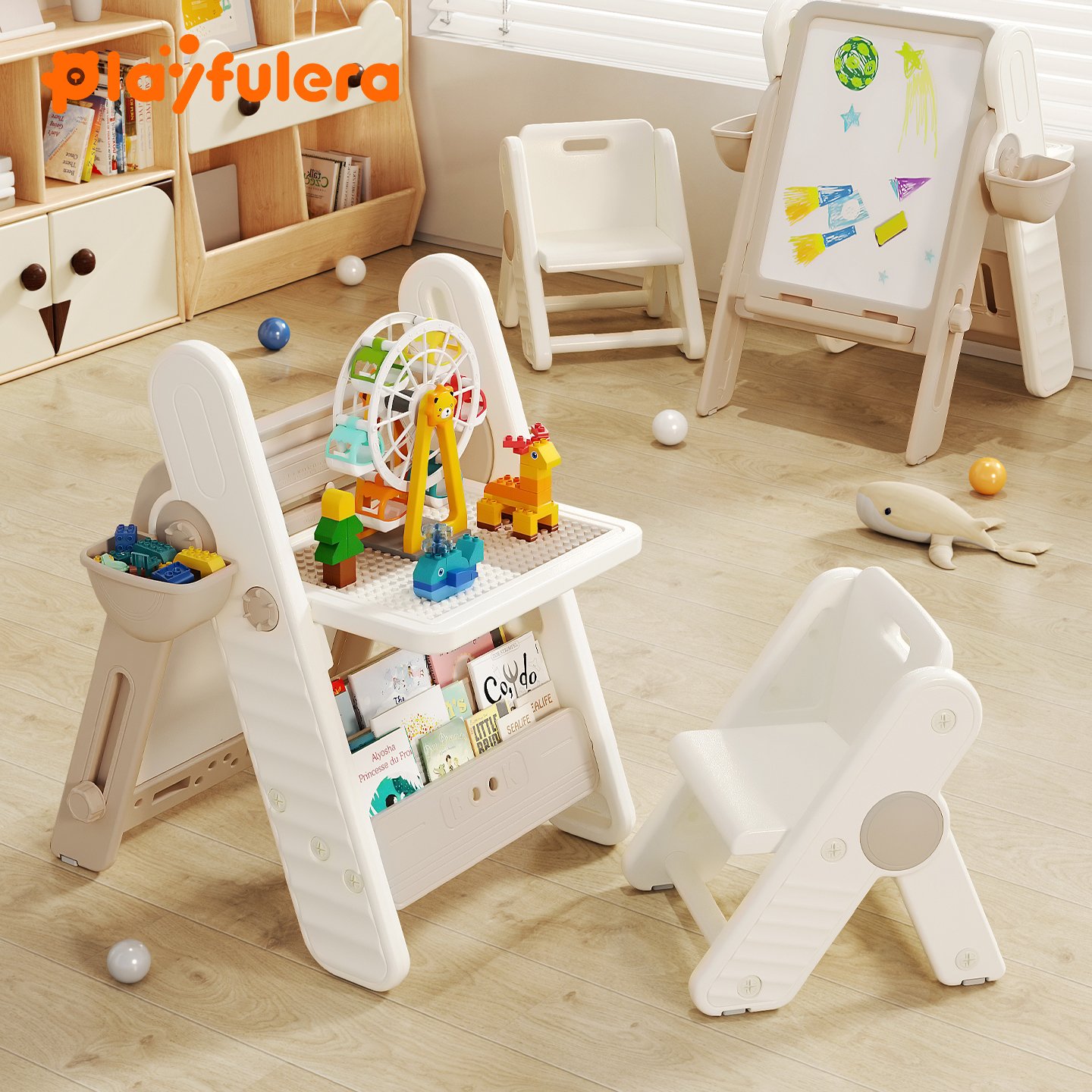 Kids Multi-Functional Block Table for Ages 1-6 - INS Style, Foldable Easy Storage (Blocks/Drawing/Writing/Book Storage), 2 Colors (Brown/Gray)