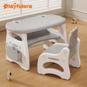 Hippo-Shaped Kids Study Desk & Chair Set - Fixed Height + Doodle/Non-Doodle Top Option for Ages 1-6 (4 Colors: Green/Pink/Blue/Gray)