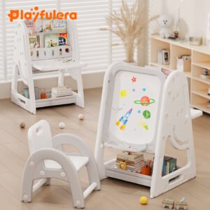 1-6 Years Kids Multi-Functional Drawing Board - Drawing, Writing & Storybook Storage, Stable Side Panels, 4 Colors (Green/Pink/Yellow/Gray)