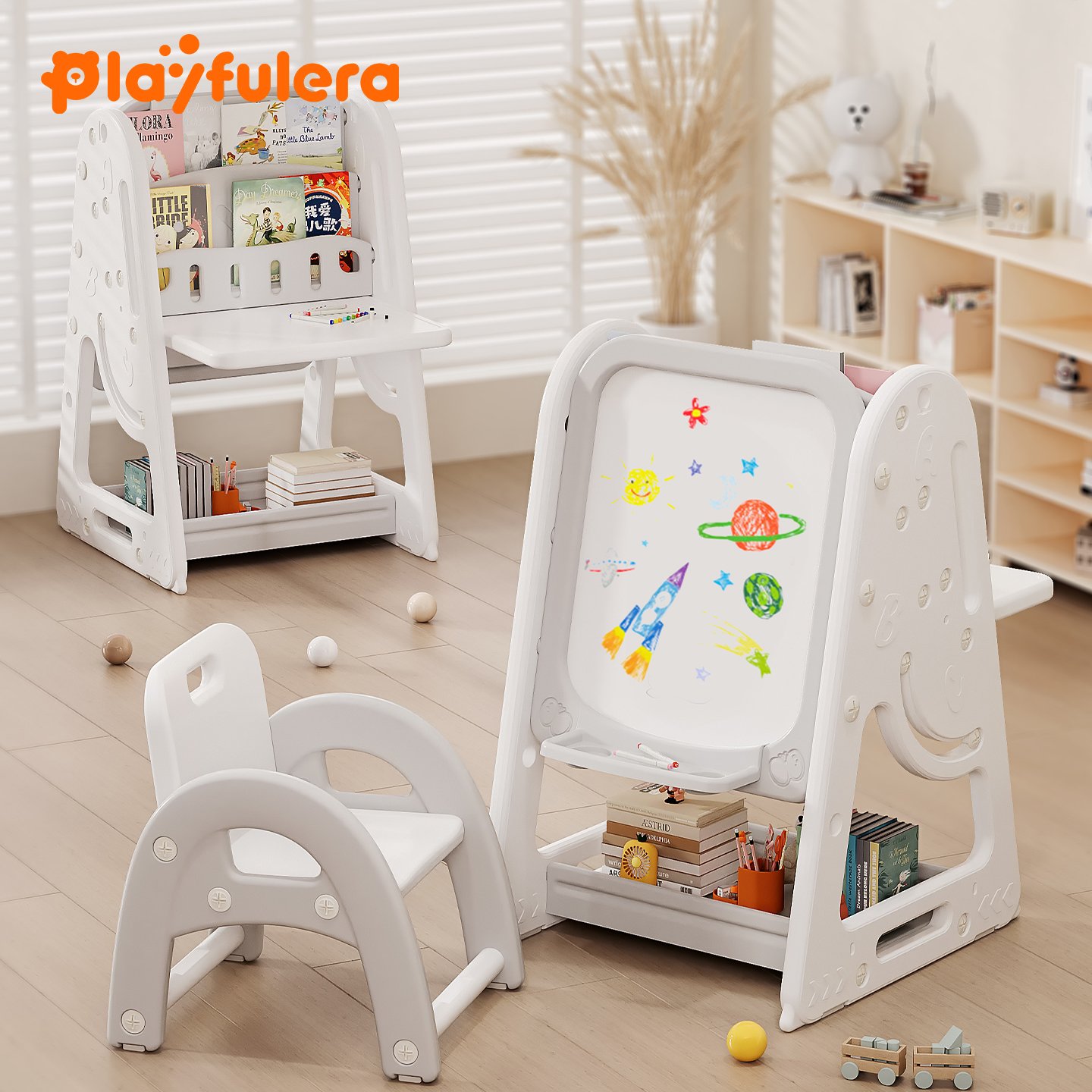 1-6 Years Kids Multi-Functional Drawing Board - Drawing, Writing & Storybook Storage, Stable Side Panels, 4 Colors (Green/Pink/Yellow/Gray)