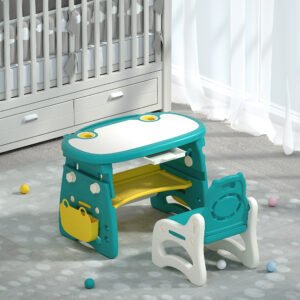 Hippo-Shaped Kids Study Desk & Chair Set - Adjustable Height + Doodle/Non-Doodle Top Option for Ages 1-6 (4 Colors: Green/Pink/Blue/Gray)