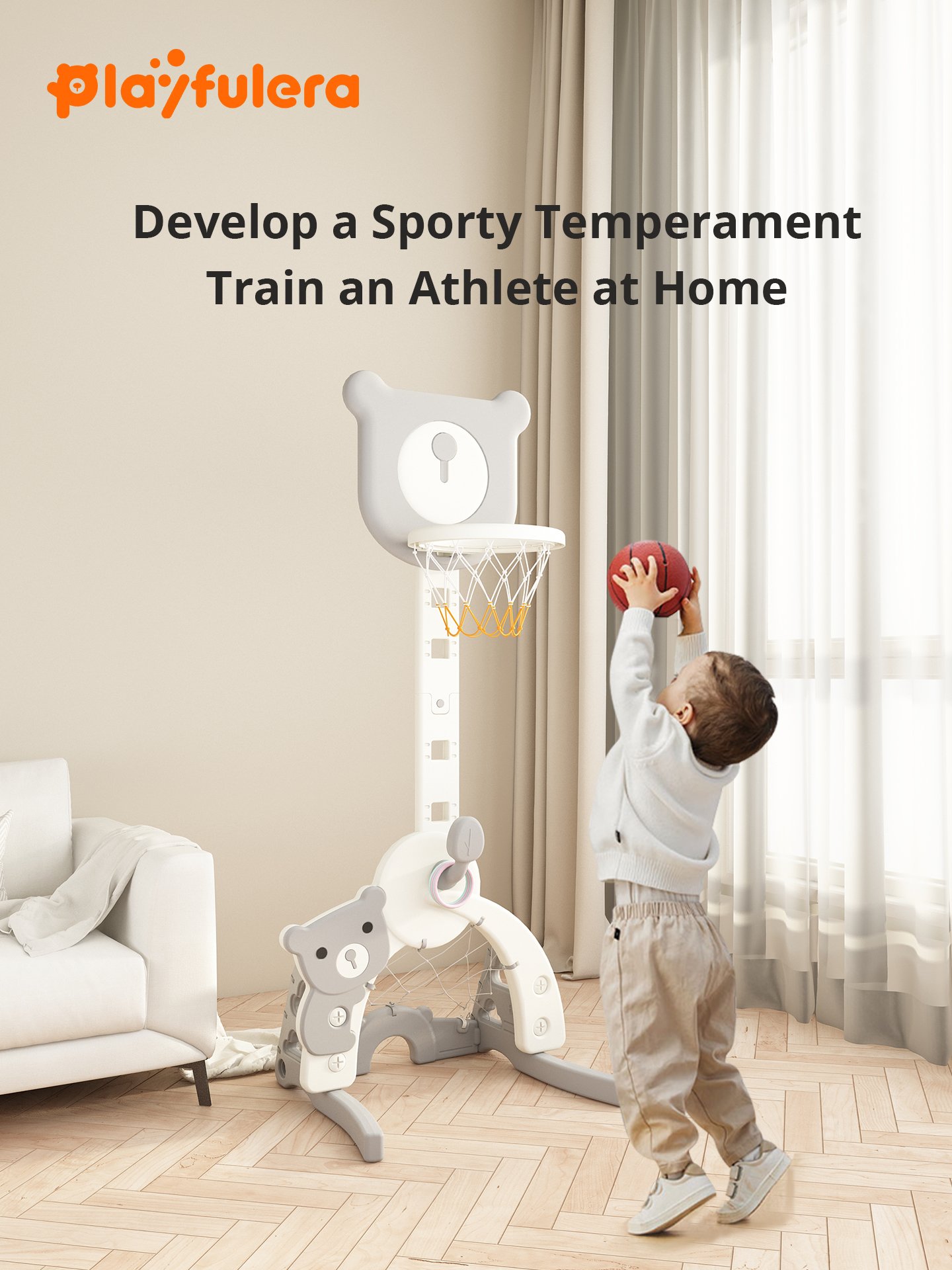 Cartoon Bear Kids Indoor Basketball Hoop - 4-in-1 (Basketball/Soccer/Ring Toss/Golf) Adjustable 5 Heights for Ages 1-6 - Image 3