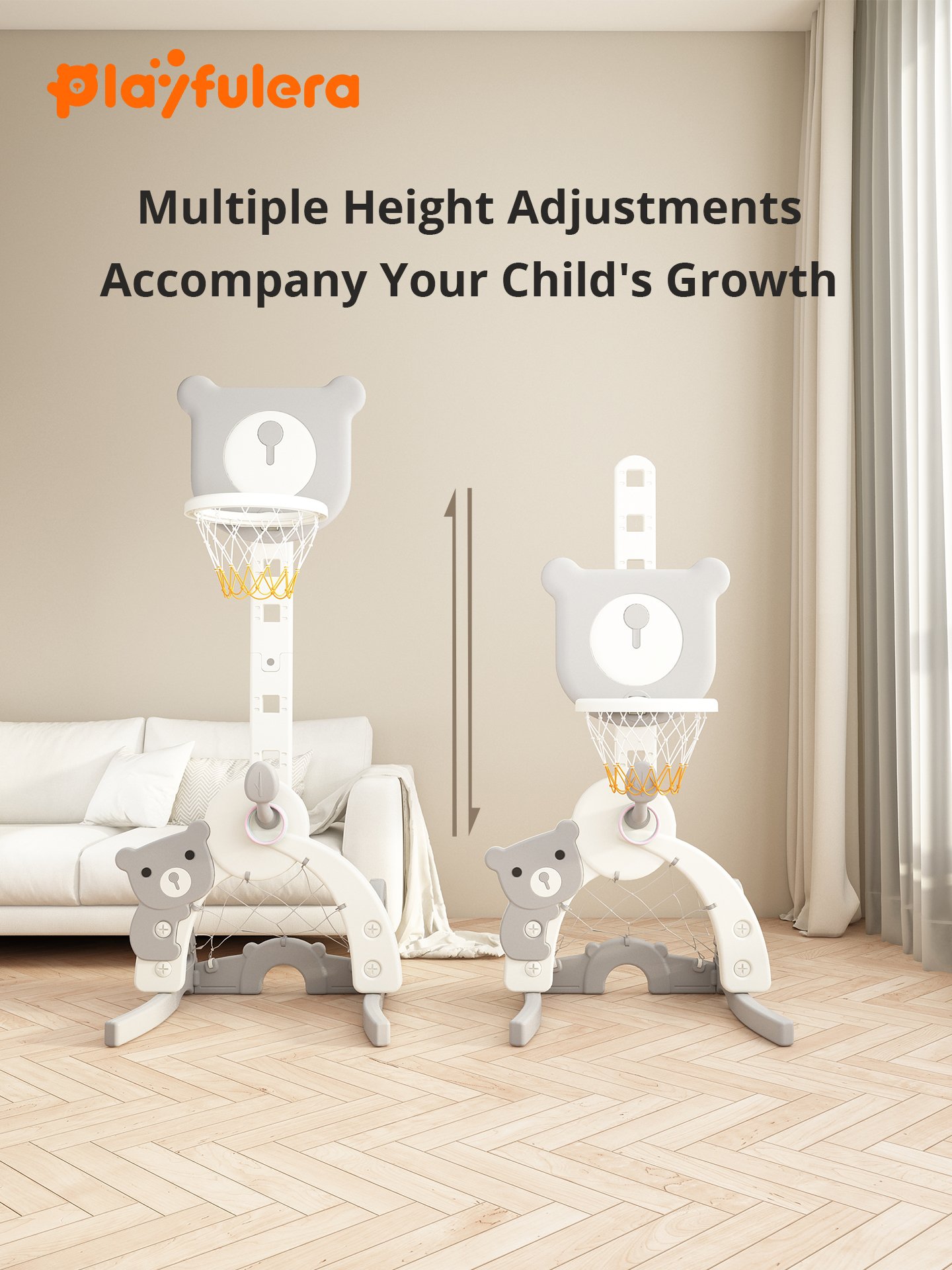 Cartoon Bear Kids Indoor Basketball Hoop - 4-in-1 (Basketball/Soccer/Ring Toss/Golf) Adjustable 5 Heights for Ages 1-6 - Image 4