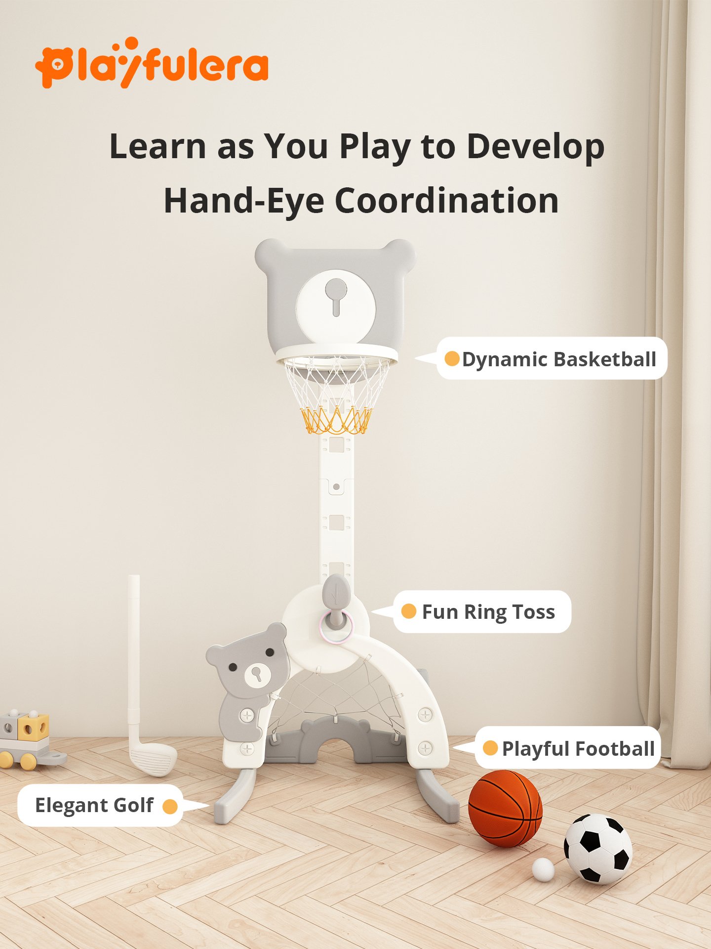 Cartoon Bear Kids Indoor Basketball Hoop - 4-in-1 (Basketball/Soccer/Ring Toss/Golf) Adjustable 5 Heights for Ages 1-6 - Image 2