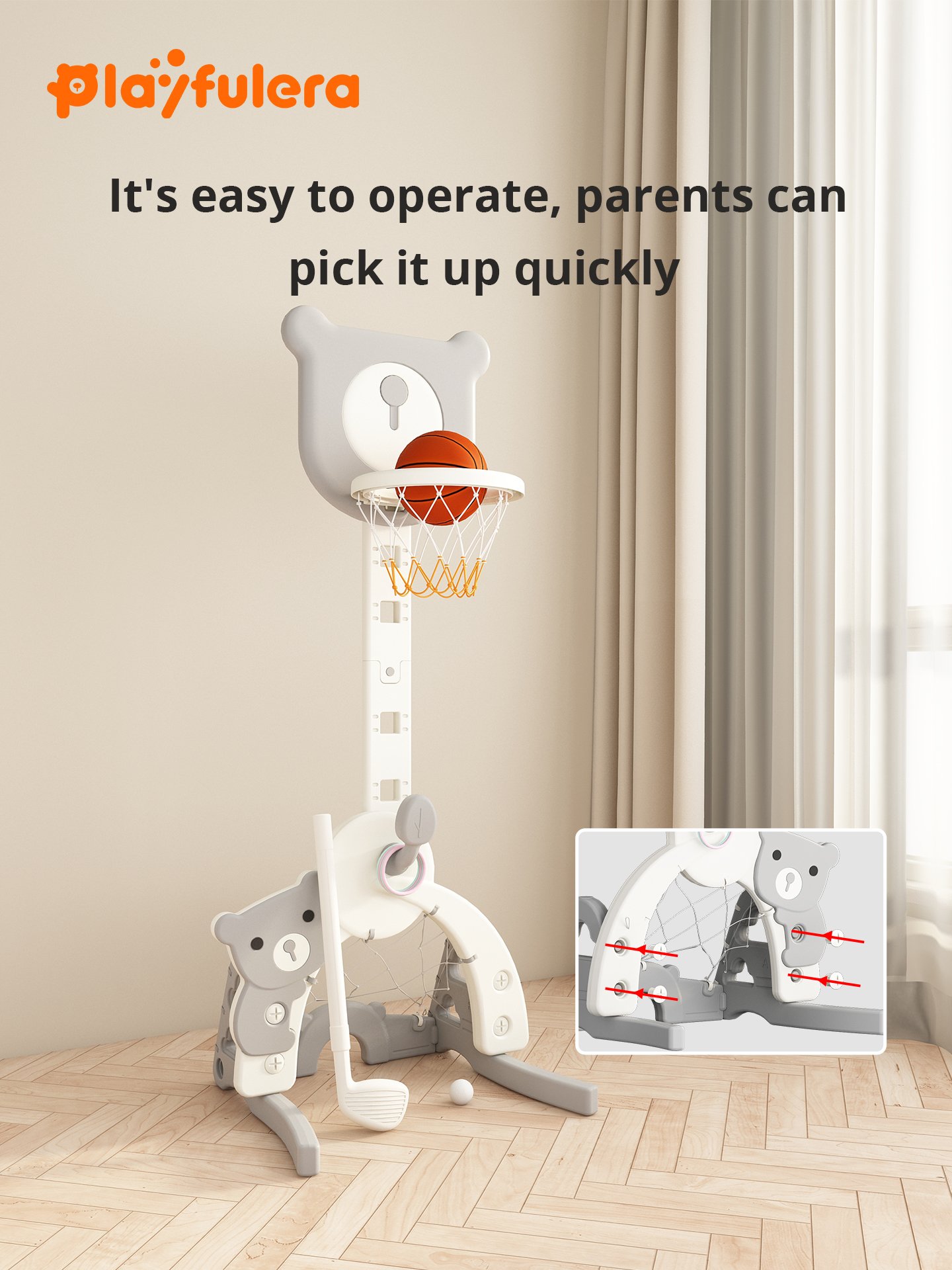 Cartoon Bear Kids Indoor Basketball Hoop - 4-in-1 (Basketball/Soccer/Ring Toss/Golf) Adjustable 5 Heights for Ages 1-6 - Image 5