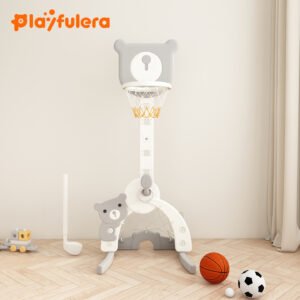 Cartoon Bear Kids Indoor Basketball Hoop - 4-in-1 (Basketball/Soccer/Ring Toss/Golf) Adjustable 5 Heights for Ages 1-6