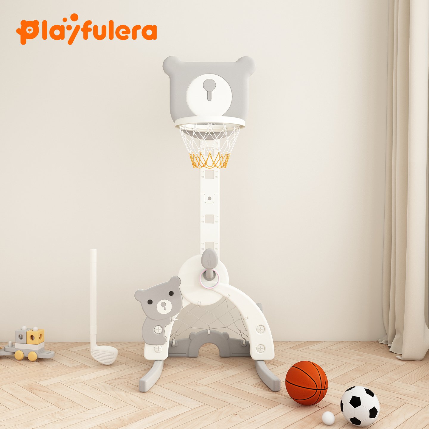 Cartoon Bear Kids Indoor Basketball Hoop - 4-in-1 (Basketball/Soccer/Ring Toss/Golf) Adjustable 5 Heights for Ages 1-6